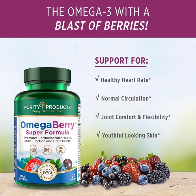 Purity Products OmegaBerry Fish Oil w/Vitamin D3 + Organic Acai Super Formula - 1875 mg of Concentrated, Molecularly Distilled, Ultra Pure Omega-3s 1080 mg EPA + 720mg DHA + 120 mg DPA - 90 Count