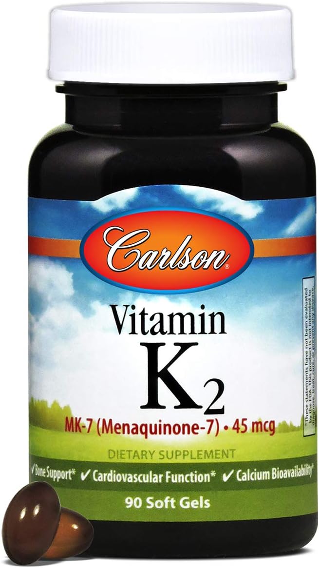 Carlson - Vitamin K2 MK-7 (Menaquinone), 45 mcg, Bone Support, Calcium Bioavailability, K2 Vitamin, Vitamin K-2, 90 Softgels