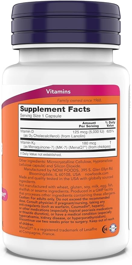 Now Supplements, Mega D-3 & MK-7, 5000 IU / 180 mcg, Bone & Cardiovascular Support*, Vitamins K-3 & K-2, 180 Capsules (Pack of 2)