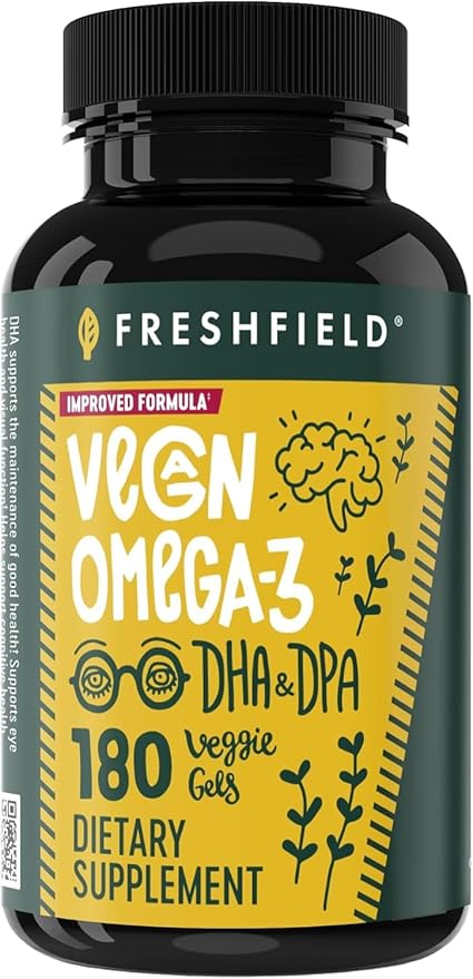 Freshfield Vegan Omega 3, Algae (Algal) Oil, Fish Oil Free Company, Third Party Tested, Carrageenan Free, DHA Supplement w/DPA, Plant Based Omega. Supports Heart, Brain, Joint Health