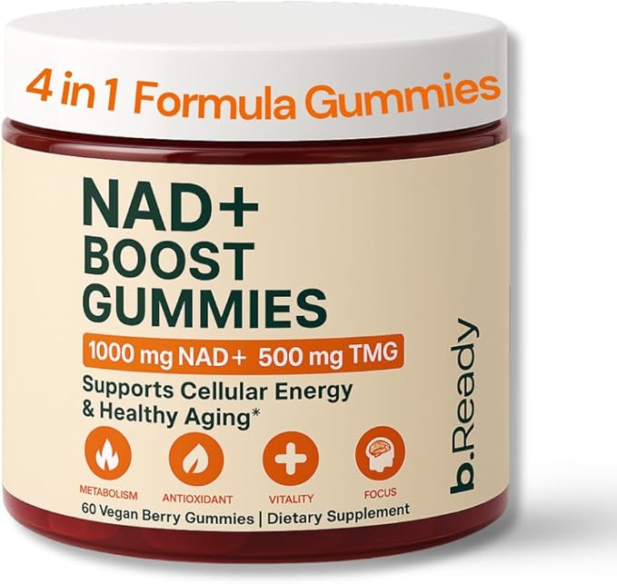 b.Ready NAD+ Gummies, Premium 1000 mg NAD Supplement with 500 mg TMG, Grape Seed & Black Pepper Extract – NAD+ for Healthy Aging, Cellular Energy & Antioxidant Support, Vegan, Sugar-Free, 60 Count