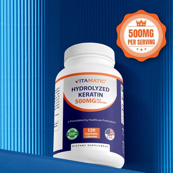 Vitamatic Hydrolyzed Keratin 500mg per Serving - 120 Vegetarian Capsules - Keratin Supplements for Healthy Hair Skin & Nails for Adults (Pack of 2)