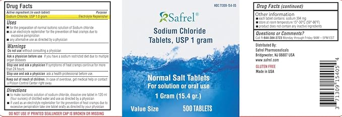 Safrel Sodium Chloride Tablets 1 gm, USP | Normal Salt Tablets | (15.4gr.) | Electrolytes Replenisher Hydration Drink (500 Count (Pack of 1))