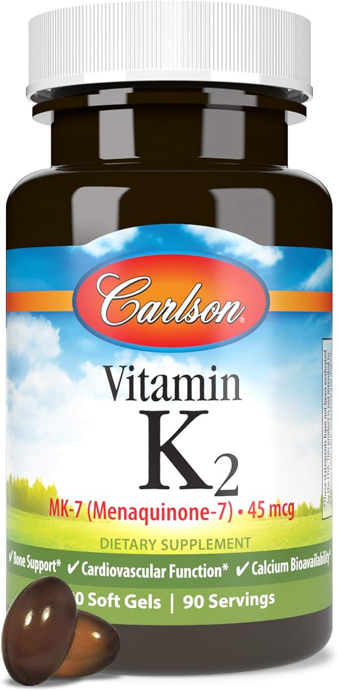 Carlson - Vitamin K2 MK-7 (Menaquinone), 45 mcg, Bone Support, Calcium Bioavailability, K2 Vitamin, Vitamin K-2, 90 Softgels