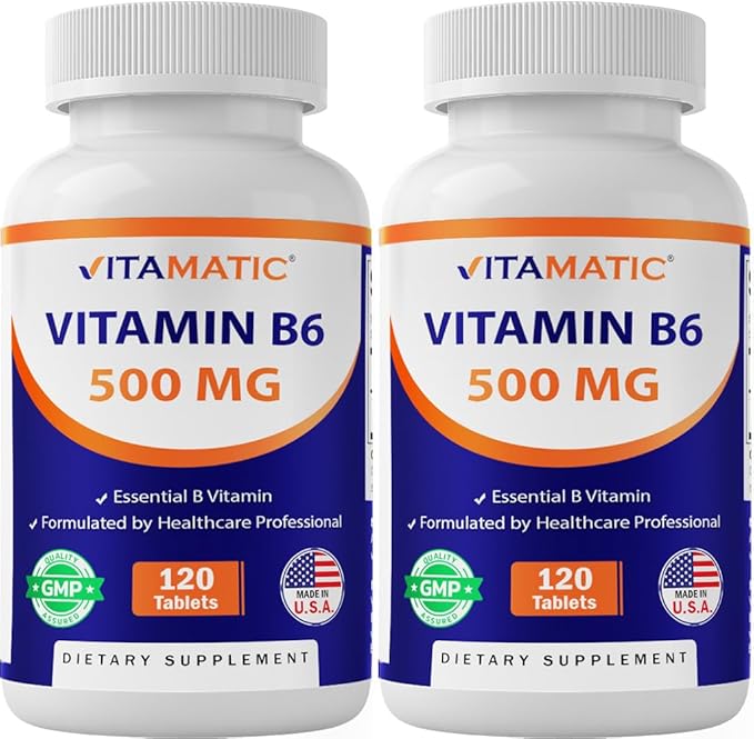Vitamatic Vitamin B6 (Pyridoxine HCI), 500 mg – 120 Vegetarian Tablets - 2 Pack Promotes Energy Production, Boosts Metabolism & Immune Health Support