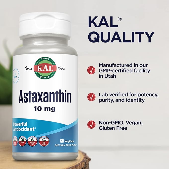 KAL Astaxanthin 10mg, Powerful Antioxidants Supplement, Eye Health and Brain Supplement, From Natural Plant Source, Non-GMO, Vegan, Gluten Free, 30 Servings, 60 VegCaps