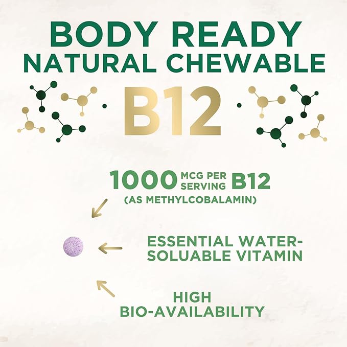 Vitamin B12 - 1000 mcg Per Serving Maximum Strength Methylcobalamin B-12 Chewable Tablet - Energy, Nervous System & Brain Support - Fast Dissolve, Gluten-Free, Non-GMO for Women & Men - 60 Tablets