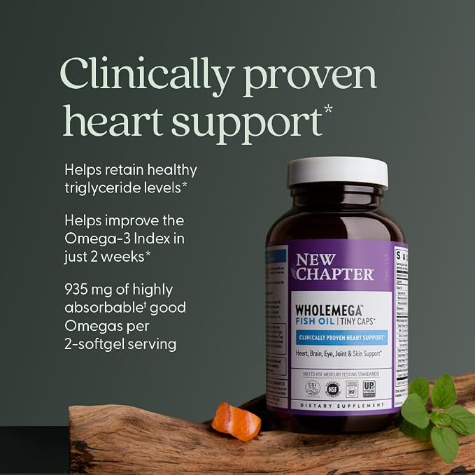 New Chapter Wholemega Fish Oil Supplement, Tiny Capsules, 2000mg per Serving, Clinically Proven Wild Alaskan Salmon Oil with Omega-3 + Vitamin D3 + Astaxanthin, 500mg per softgel - 180 Count