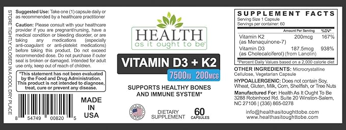 HAIOTB D3+K2: Vitamin D3 7500 IU (188mcg) + K2 200 mcg- 60 Capsules