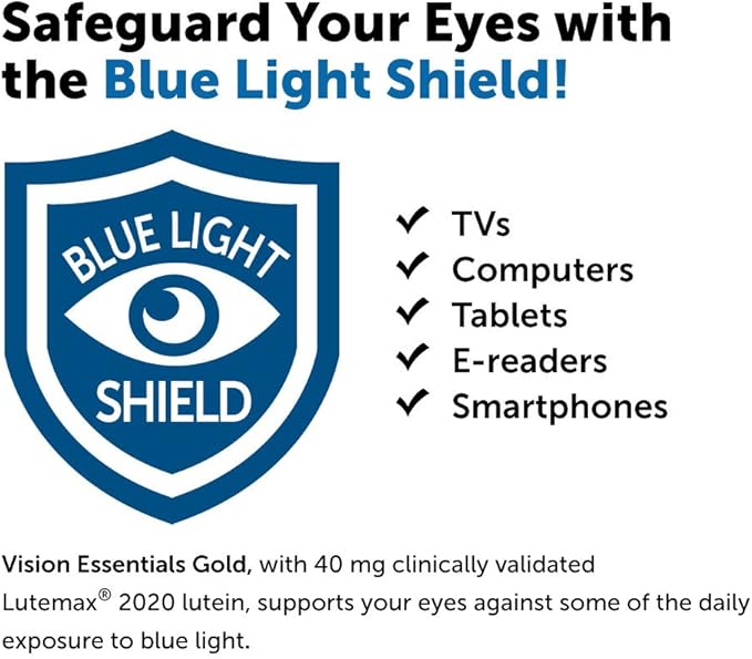 Dr. Whitaker's Vision Essentials Gold - Eye Health Supplement with 40 mg of Lutein Plus, Zeaxanthin & Taurine - Supports Macular Health and Shields Eyes Against Blue Light Exposure (120 Capsules)