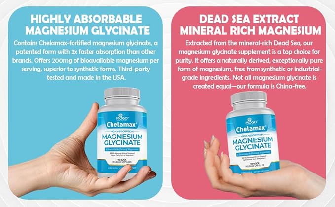 Chelamax Magnesium Glycinate.Dead Sea Sourced, 100% Chelated Magnesium for Sleep Support, Muscle Cramps, Bone Health. Made in USA, 3rd Party Tested,Heavy Metal Free,Glicinato de Magnesio Capsules.