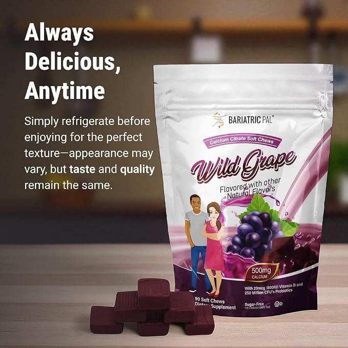 BariatricPal Sugar-Free Calcium Citrate Soft Chews | 500mg with Vitamin D & Probiotics | Wild Grape | 90 Count (1 Month Supply)