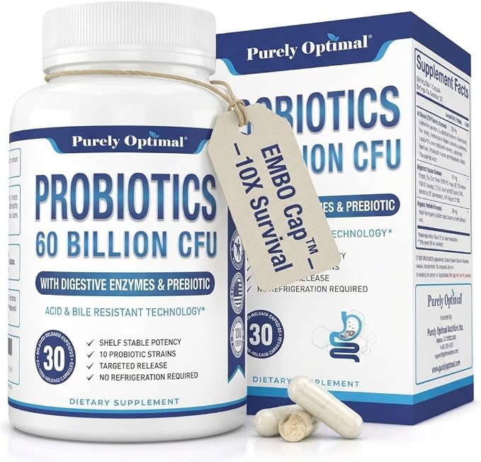 Purely Optimal Probiotics for Digestive Health, 60 Billion CFU – Delayed-Release with Digestive Enzymes & Organic Prebiotics – Bloating, Immune & Energy Support, 30 Caps