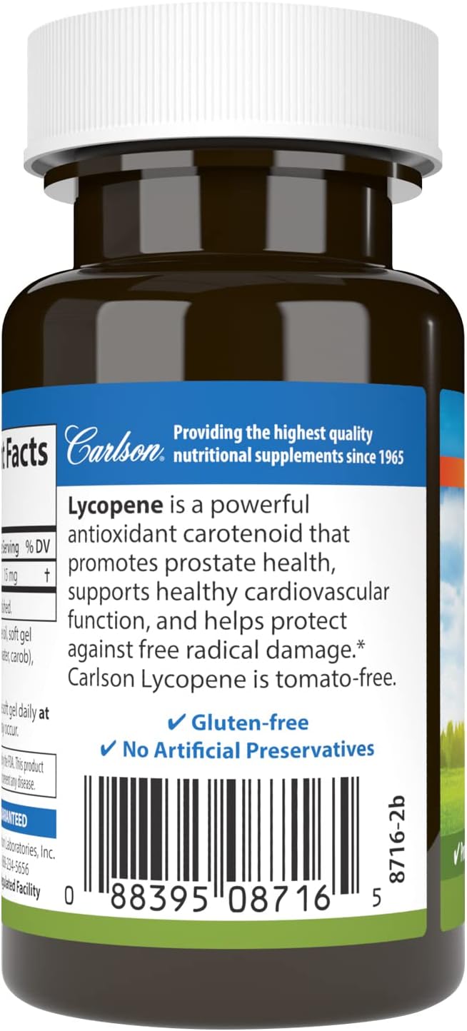 Carlson - Lycopene, 15 mg, Tomato-Free, Prostate Health & Circulation Support, Optimal Wellness, 60 Softgels