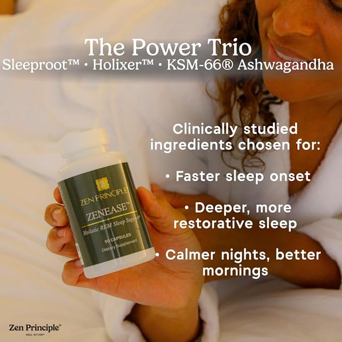 Zen Principle Zenease Sleep Support with Magnesium Glycinate, Ashwagandha KSM-66®, Saffron, L-Theanine & GABA – No Melatonin, Natural Stress Relief & Sleep Aid. 180 Capsules