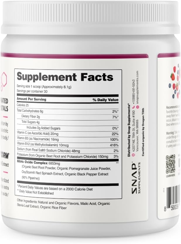 Snap Supplements Organic Beet Root Powder Nitric Oxide Supplement for Men & Women, Red Spinach & Pomegranate, Supports Healthy Energy & Blood Pressure Already in Normal Range, 30 Servings, Mixed Berry