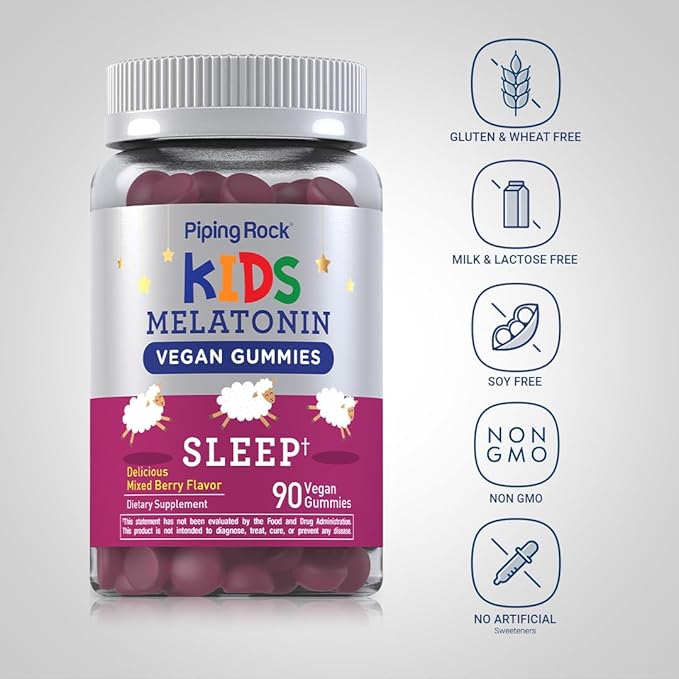 Piping Rock Kids Melatonin Gummies | 1mg | 90 Count | Supplement for Children | Mixed Berry Flavor | Vegan, Non-GMO, Gluten Free