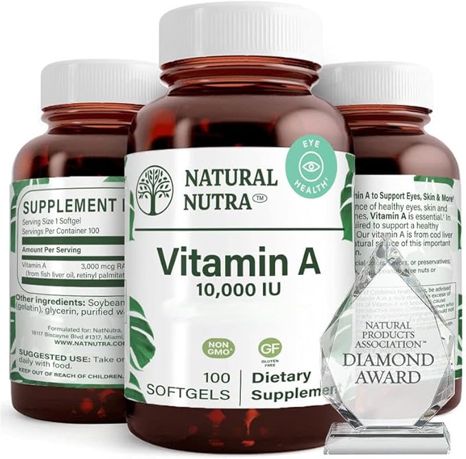 Natural Nutra Vitamin A 10,000 IU Softgels – High Potency Eye and Skin Vitamins – Gluten-Free - Supplement for Sight & Skin Health – Fish Liver Oil for Men and Women, Gluten Free 100 Softgels (3 Pack)
