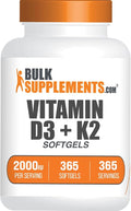 BulkSupplements.com Vitamin D3 + Vitamin K2 Softgels - D3, K2, Vitamin Supplement - Gluten Free, 1 Softgel per Serving (2000IU), 365 Count (Pack of 1)