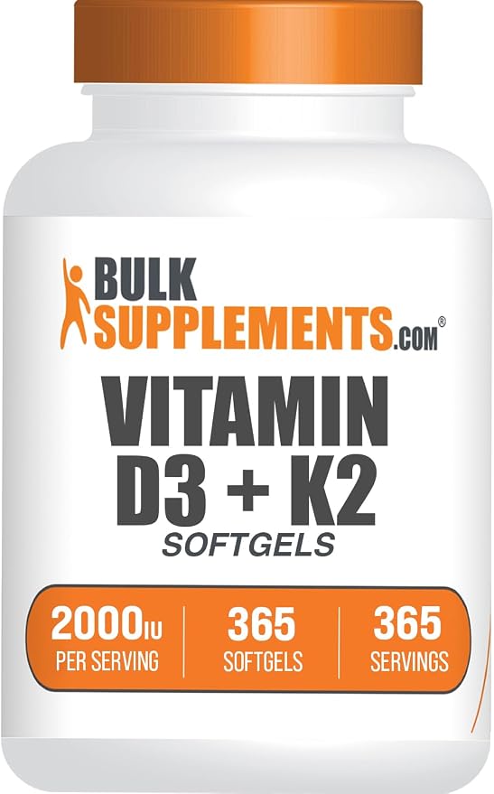 BulkSupplements.com Vitamin D3 + Vitamin K2 Softgels - D3, K2, Vitamin Supplement - Gluten Free, 1 Softgel per Serving (2000IU), 365 Count (Pack of 1)