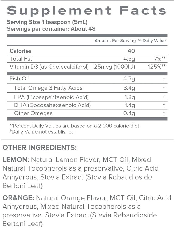 SFH Fish Oil 3400mg Omega 3 Liquid | Omega 3 Fish Oil Supplement with EPA DHA + Vitamin D3 1000 IU | Natural Orange Flavor | Wild Alaskan Pollock | 8 fl oz