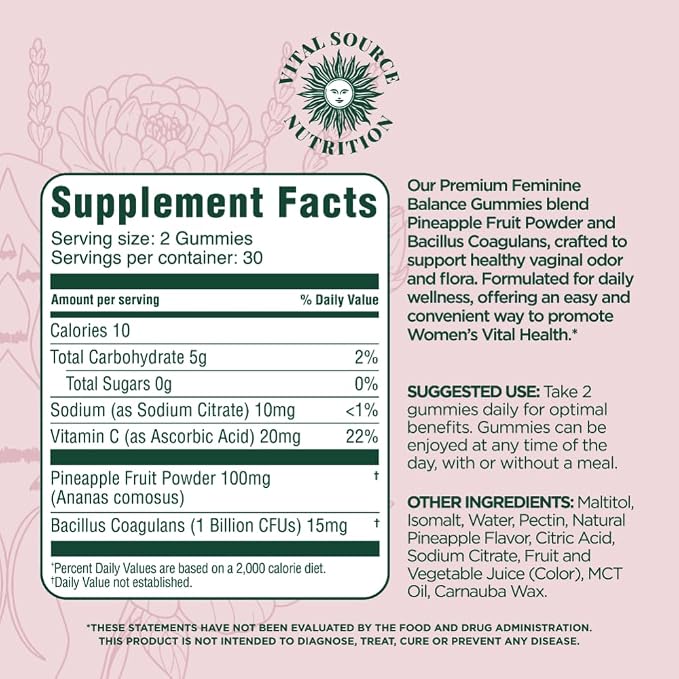 Vital Source Nutrition Vaginal Probiotic Gummies for Women - pH Balance and Immune Defense, Support Healthy Odor and Vaginal Flora - Vegan, Gluten-Free - Hawaiian Pineapple - 60 Gummies - 30 Servings