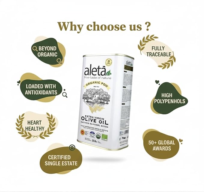 Aleta, Organic & PDO Extra Virgin Olive Oil, 2025 Gold Award, Certified Single Estate, Crete Greece, First-Cold Press, 1 Lt (33.8 oz.) Tin, Pack of 2