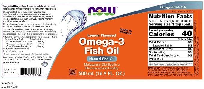 Now Supplements,Omega-3 Fish Oil Liquid,Molecularly Distilled,Lemon Flavored,16.9-Ounce,(Pack of 2)