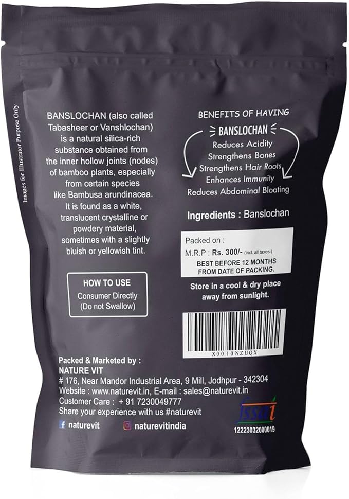NatureVit Banslochan (Tabasheer) – 1.8kg [900g x 2 Packs] | Natural Bamboo Silica Supplement | Supports Bone Strength, Skin Health & Immunity | Ayurvedic & Unani Remedy