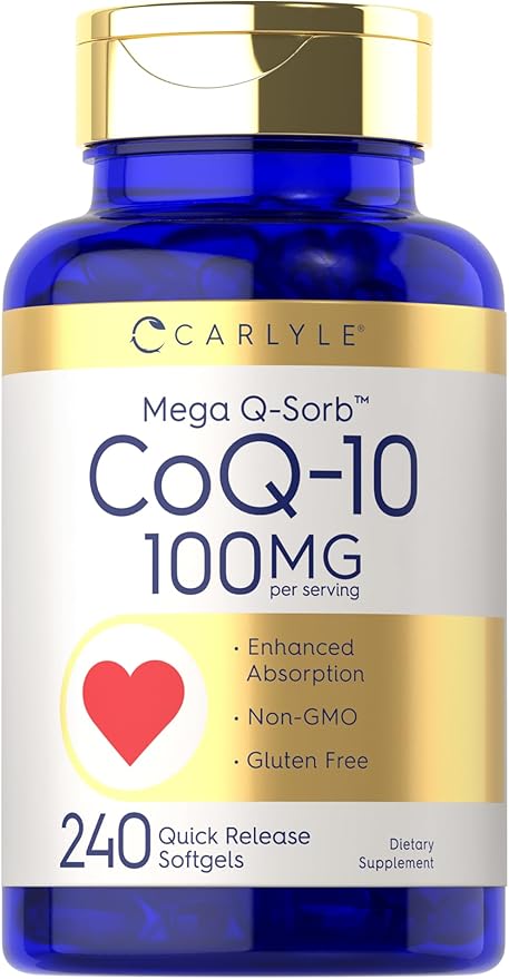 Carlyle CoQ10 100mg Softgels | 240 Count | Mega Q-Sorb Coenzyme Q-10 | with Black Pepper Extract | Non-GMO and Gluten Free Supplement