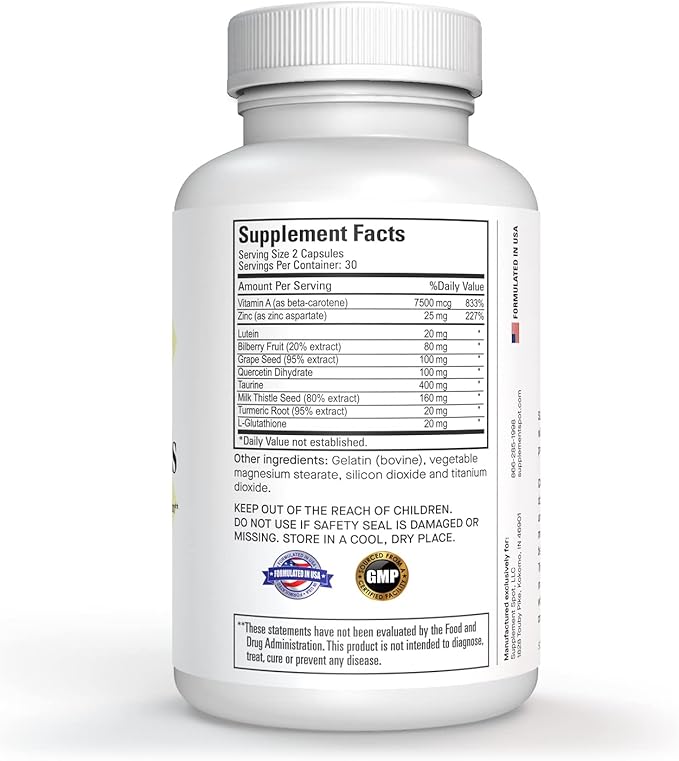 Eye Essentials for Adults – Vitamins & Multi Minerals Supplement w/Vitamin A, Bilberry Extract, Zinc & Antioxidants for Eye Health (60 Caps.)