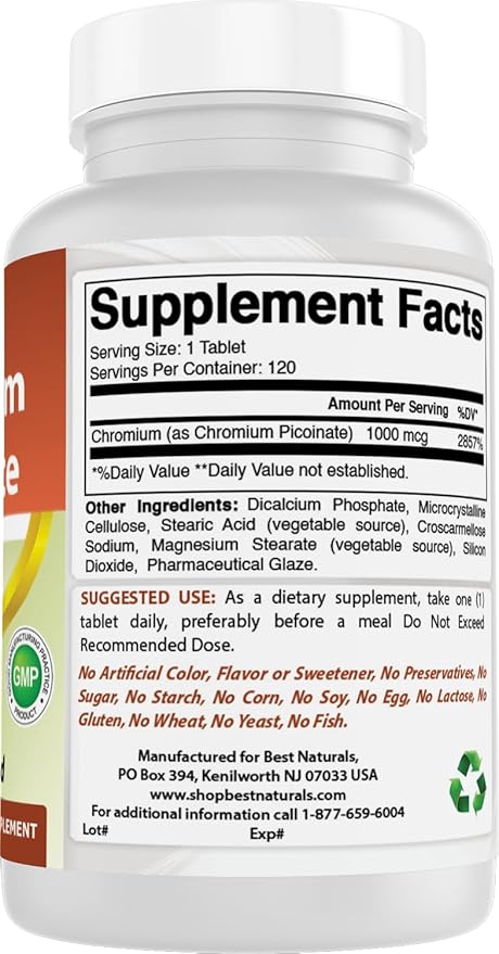 Best Naturals Chromium Picolinate 1000 mcg 120 Tablets (120 Count (Pack of 2))