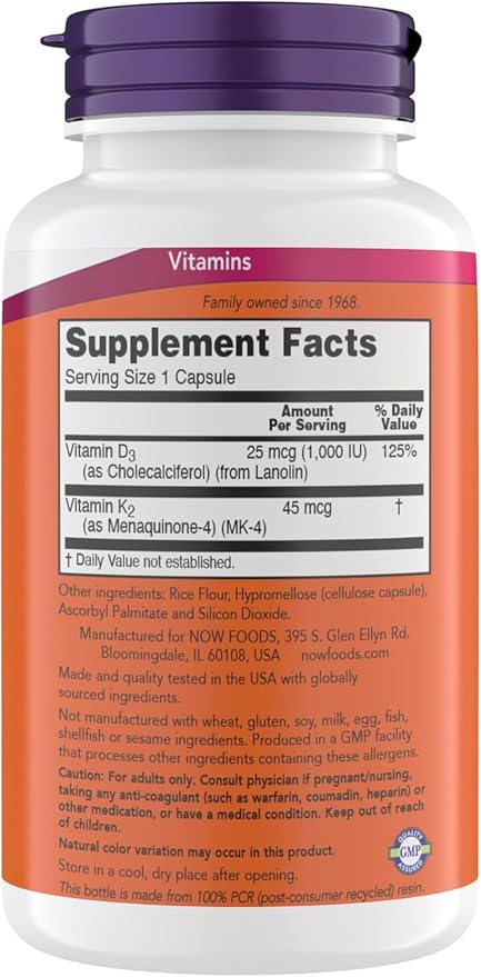 Now Supplements Vitamin D3 K2, 1,000 IU/45 mcg, Cardiovascular Support, Supports Bone Health, 180 Vegetarian Capsules - Vegan, Gluten Free, Kosher Vitamin D3 and K2 Supplements (2)