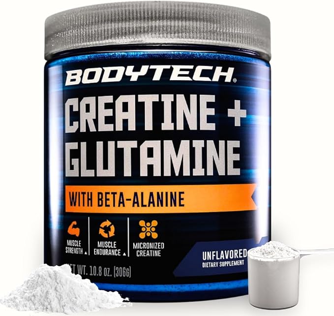 BodyTech Creatine + Glutamine with Beta Alanine Powder, Supports Training & Recovery, Pre Workout & Post Workout Supplement for Men & Women, Unflavored, Gluten Free, 10.8 Oz, 30 Servings