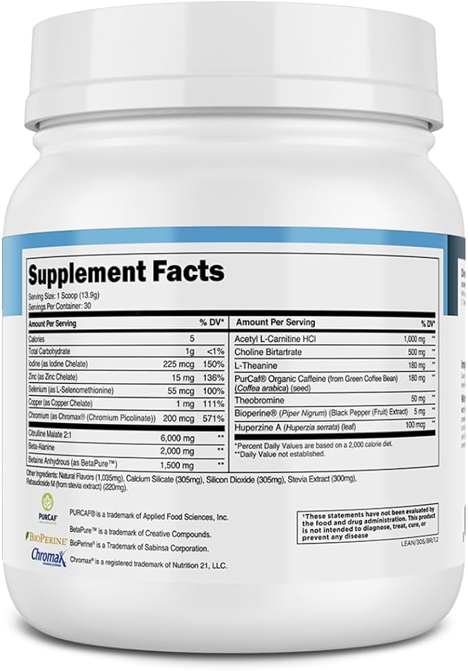 Transparent Labs Lean Pre-Workout - Body Recomposition Pre Workout for Men and Women with Acetyl L-Carnitine, Beta Alanine Powder, & PurCaf Organic Caffeine Powder - 30 Servings, Blue Raspberry