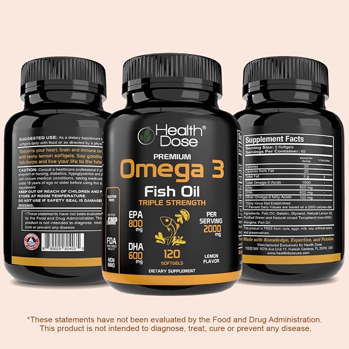 Health Dose Omega 3 Fish Oil 2000mg – Lemon-Flavored Softgels with EPA 800mg & DHA 600mg for Brain, Heart, and Wellness Support – Easy-to-Digest, No Fish Burps – 120 Softgels, 2-Month Supply