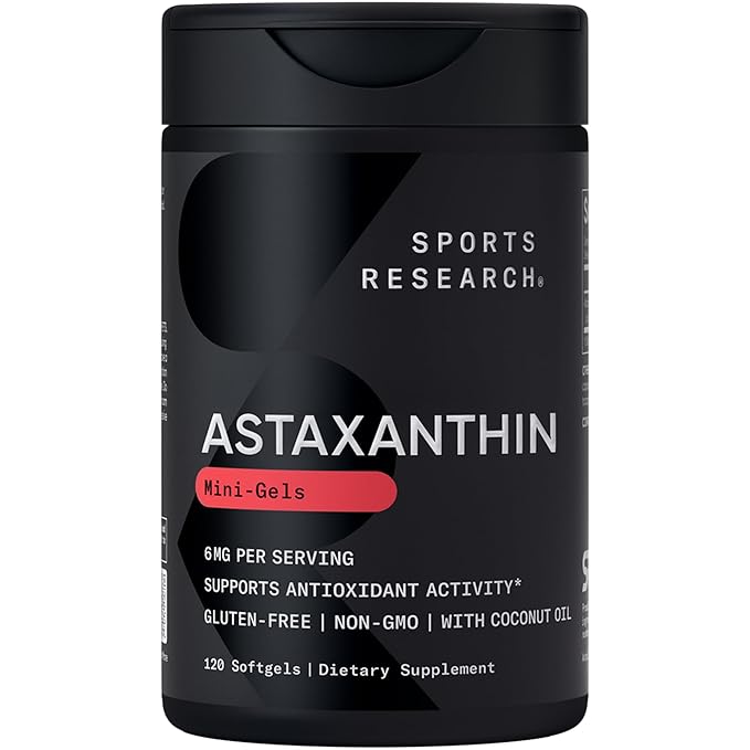 Sports Research Astaxanthin Supplement from Algae - Softgels for Antioxidant Activity, Skin & Eye Health Support - Made with Coconut Oil, Non-GMO Verified & Gluten Free - 6mg, 120 Count