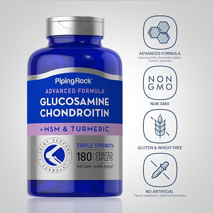 Piping Rock Glucosamine Chondroitin MSM Turmeric | 180 Caplets | Triple Strength | Advanced Supplement | Non-GMO, Gluten Free