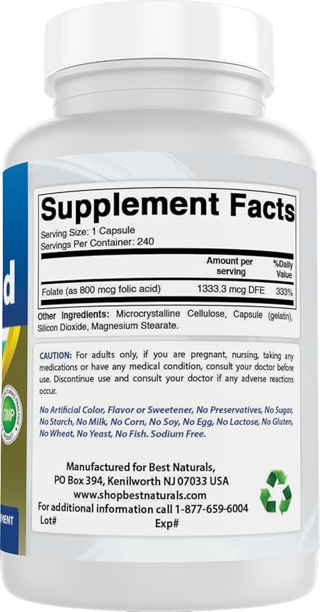 Best Naturals Folic Acid 800 mcg 240 Capsules