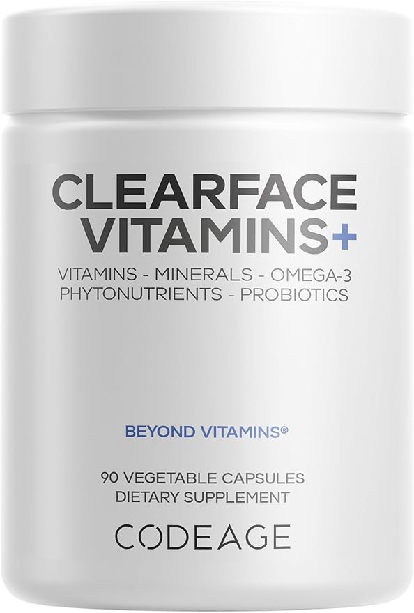 Codeage Clearface Pantothenic Acid, Niacin Supplement, Vitamins A, C, D3, E, Probiotics, Zinc, Riboflavin, Thiamin, L-Lysine HCL & Omega-3, Niacinamide, Skin Botanical Blend - Non-GMO - 90 Capsules
