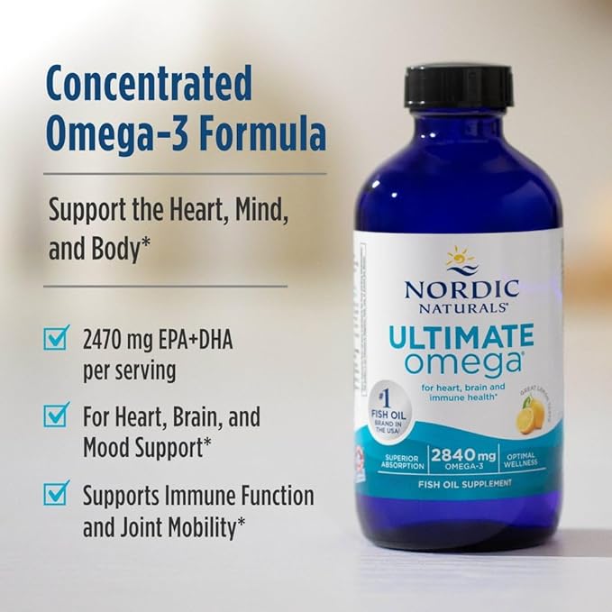 Nordic Naturals Ultimate Omega Liquid, Lemon Flavor - 4 oz - 2840 mg Omega-3 - High-Potency Fish Oil Supplement with EPA & DHA - Promotes Brain & Heart Health - Non-GMO - 24 Servings