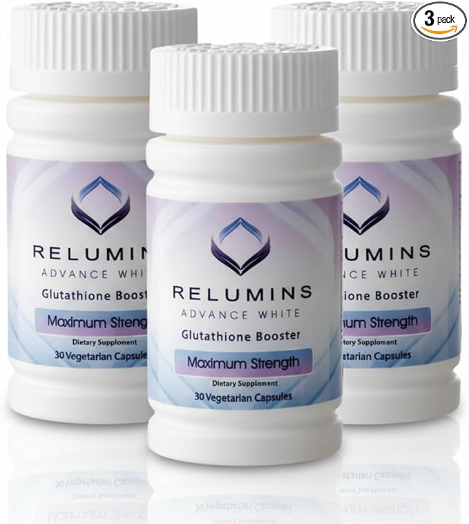Relumins Advanced Glutathione Booster - Max Strength - Halal Certified - Supports Healthy Skin and Good Antioxidant Levels for Overall Wellness - 30 Vegetarian Capsules x 3 Bottles