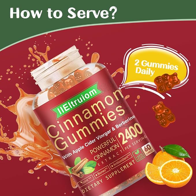 Cinnamon Supplements, Premium Ceylon Cinnamon Gummies 2400mg with Berberine, Turmeric, Apple Cider Vinegar, Bitter Melon, Chromium - Vegan, Non-GMO丨60 Counts