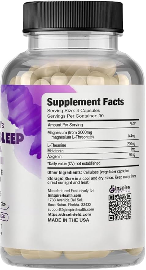 Sleep Support Formula - L-Threonate, Apigenin Melatonin, L-Theanine - 120 Capsules - 4-in-1 Non-Habit Forming Apigenin Supplement - Restful Nights and Refreshing Mornings - by Ginsipre Health