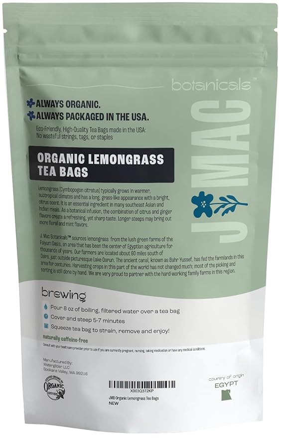 J Mac Botanicals, Organic Lemongrass Tea Bags (100 Count), Certified by Organic Certifiers, Inc. - Quality Tea From Nile Valley, Egypt, Packaged in the USA