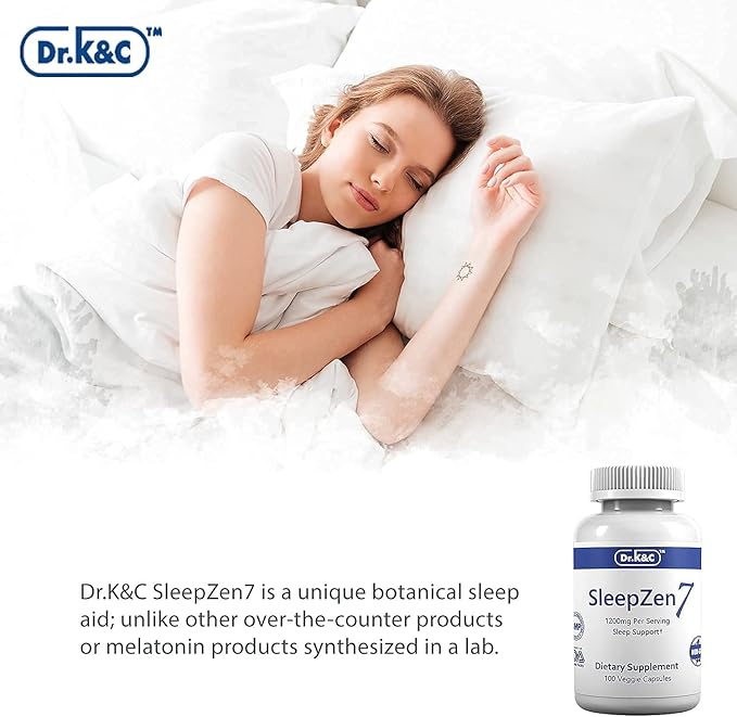 Dr.K&C SleepZen7 Sleep Supplement – All Natural Botanical Plant Sourced 1200 mg 100 Veggie Capsules Sleeping Support Organic Tart Cherry Valerian Root Extract No Filler Non GMO