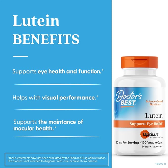 Doctor's Best Lutein Supplement 20mg with Trans Zeaxanthin - Lutein for Eyes, Eye Health Vitamins for Men & Women, Vision and Macular Health Support Capsules, OptiLut Marigold Flower - 120 Veg Caps