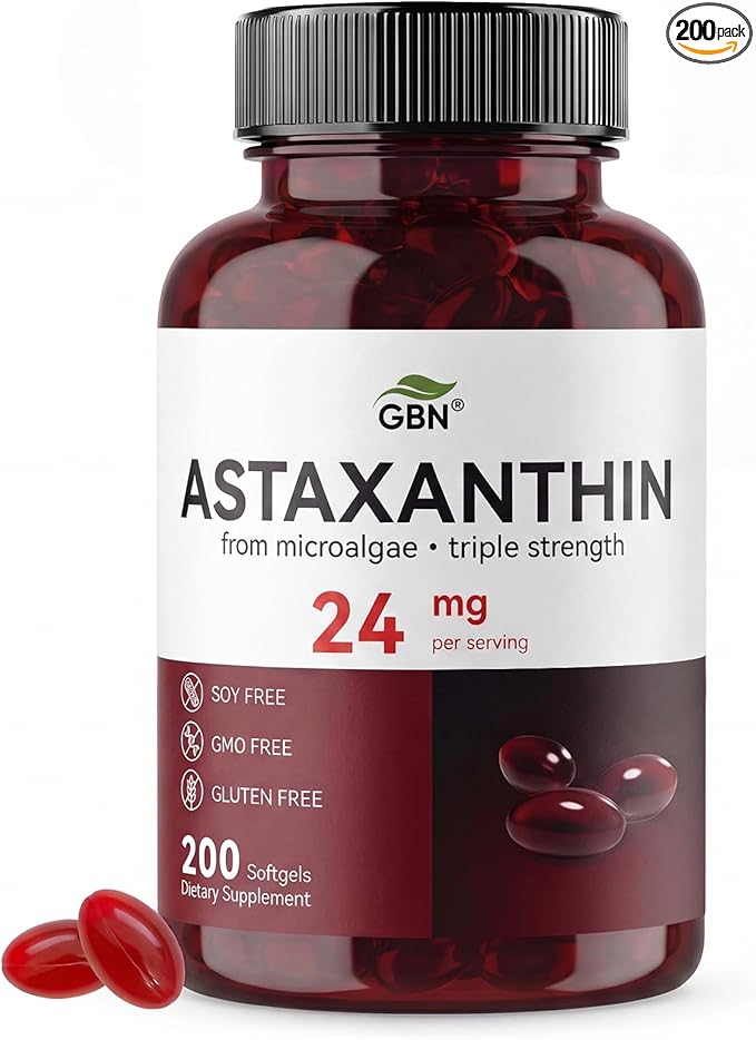 GBN Astaxanthin Supplements 24mg 200 Softgels, Supports Eye, Skin, Joint, Brain, Heart & Immune System Health, Stamina & Healthy Aging for Women & Men, Fresh Microalgae Source