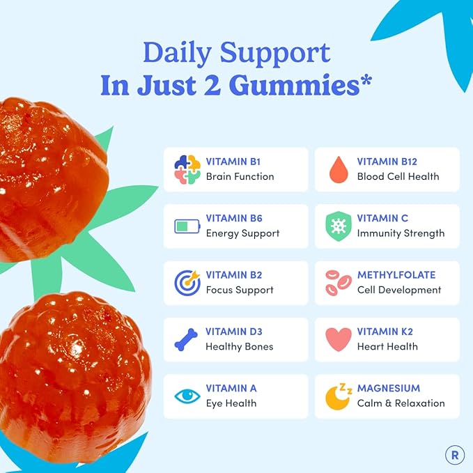 FIRST DAY Vitamins for Teens - Teen Multi Vitamins for Girls & Boys 12-17, Organic Fruit & Veggie Blend - 12 Key Nutrients: Vitamins A, B1, B2, B6, B9, B12, C, D3, E, K2-30 Day Supply