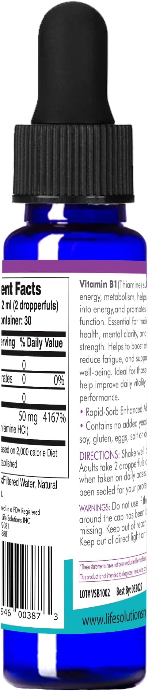 Life Solutions Vitamin B1 Dropper 2 oz - Thiamine B1 Supplement - Essential B1 Vitamins for Energy Boost and Nervous System Support - Liquid Formula for Easy Absorption